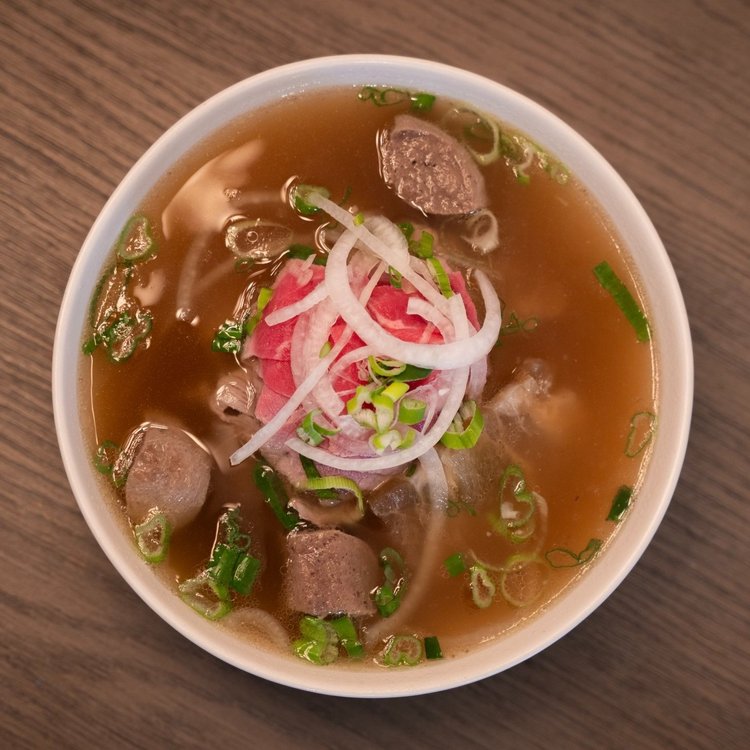 House pho with rare beef, brisket and beef balls