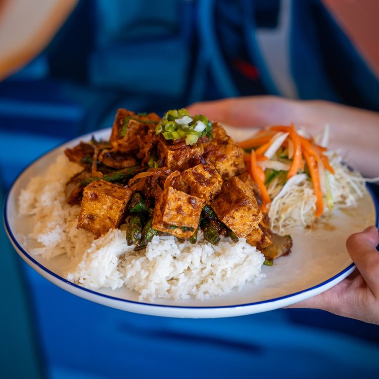 Crispy lemongrass tofu with green beans on rice